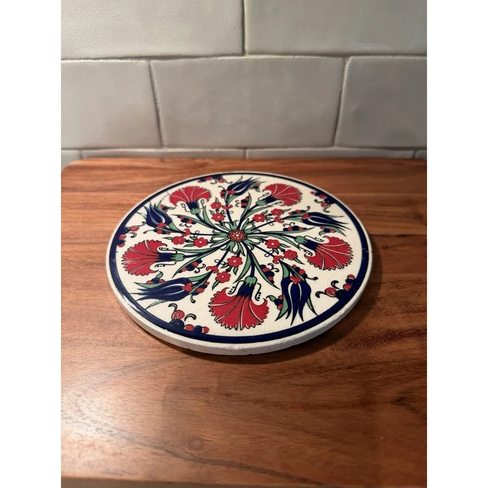 Turkish Ceramic Trivet Hot Pad Red Tulip Floral Design 6.25